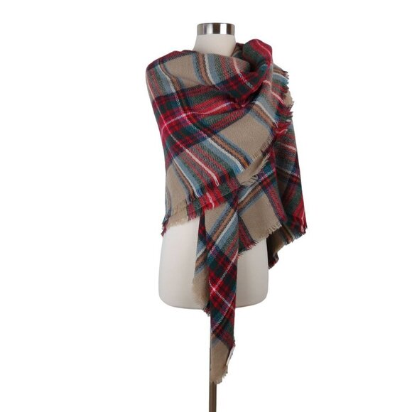 MODCLOTH Tan Red Loch and Key Tartan Plaid Square Cozy Fringe Blanket Scarf - Picture 6 of 8